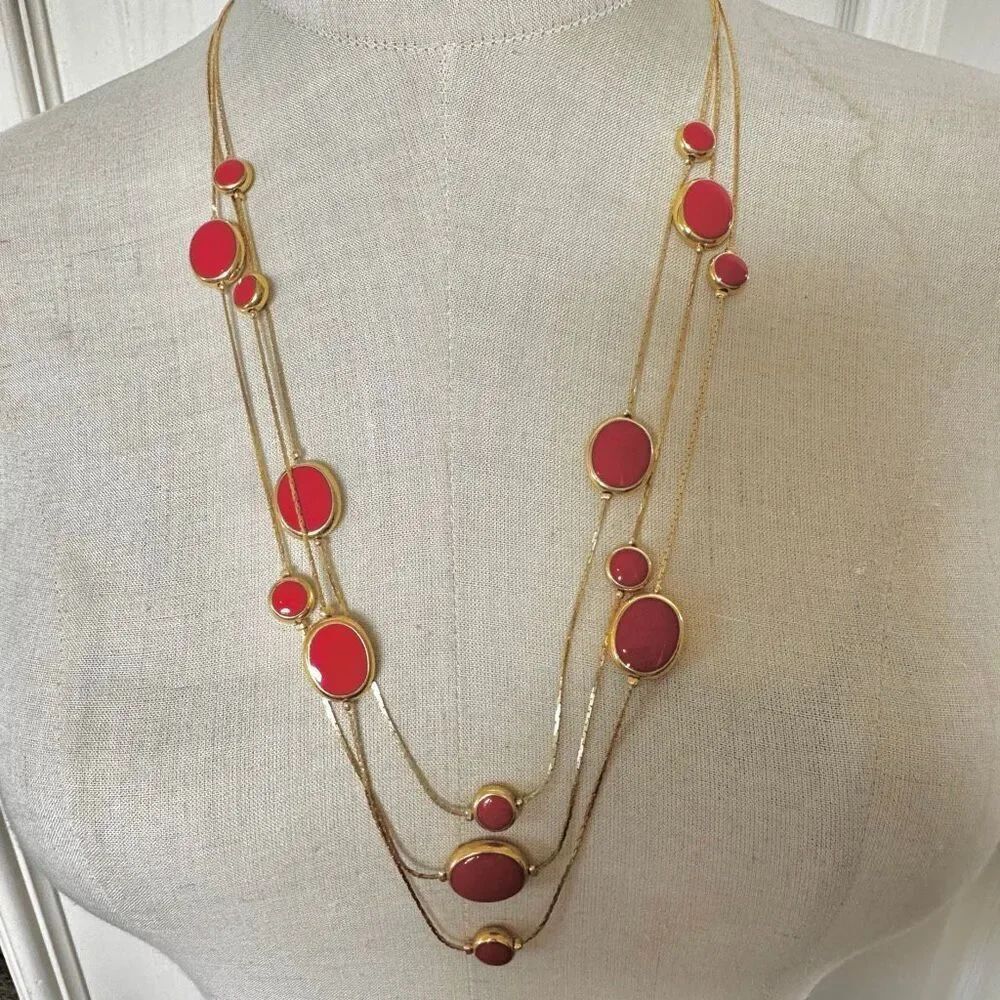 Avon Triple-Strand Red Cabochon Station Necklace, Gold-Tone